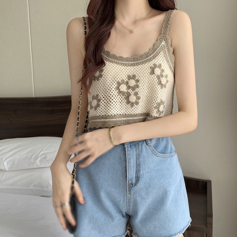 Áo Hai Dây Dệt Kim Họa Tiết Hoa Phong Cách Hàn Quốc Thời Trang Hè Cho Nữ