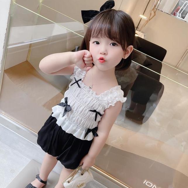 Áo voan không tay đính nơ+quần đùi thời trang hè Hàn Quốc cho bé gái