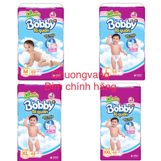 Bỉm Bobby quần M60, L54, XL48, XXL44; quần,dán M76, L68, XL62 (shop Chuongvang)