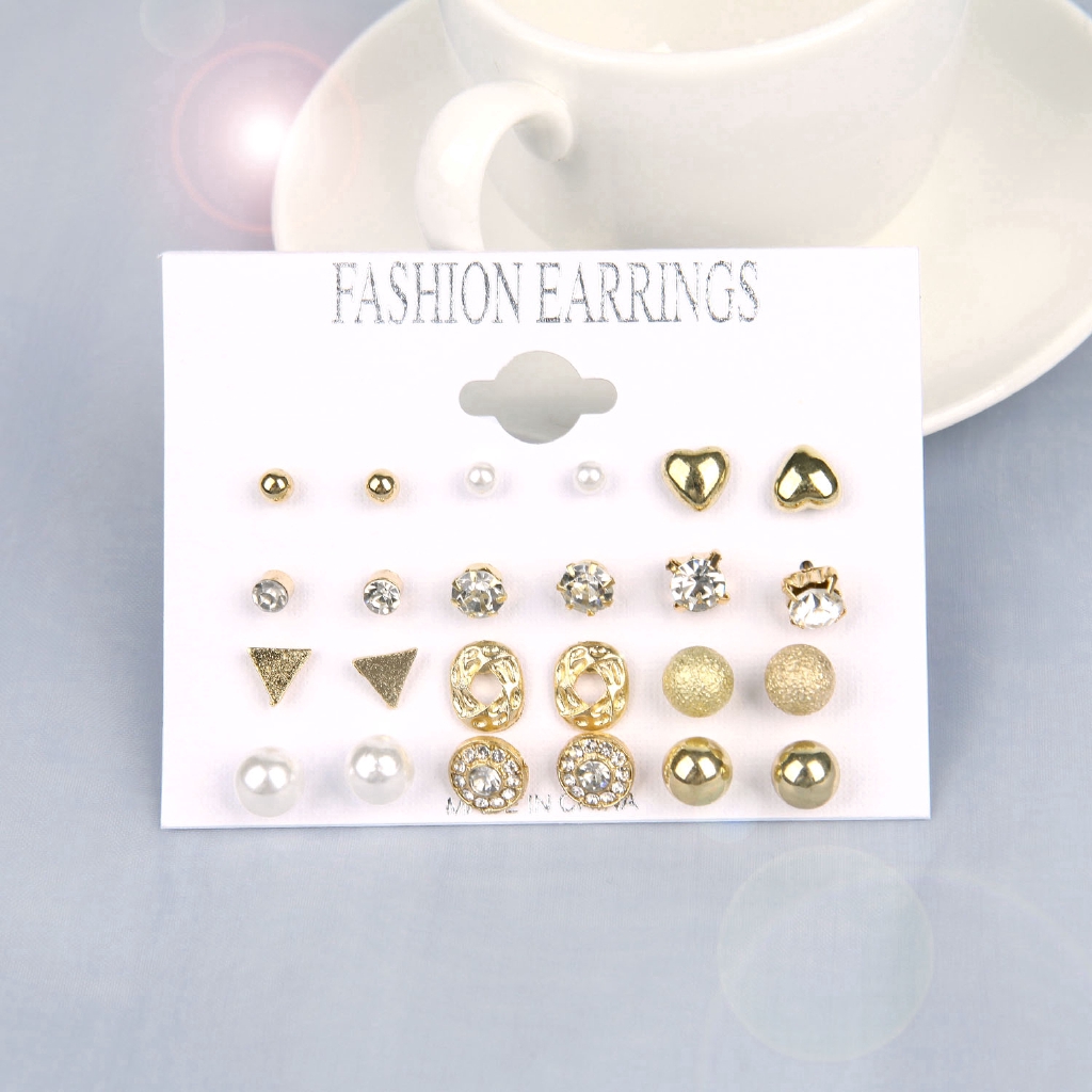 Set 12 cặp bông tai dạng xỏ đính hạt pha lê thời trang cho nữ