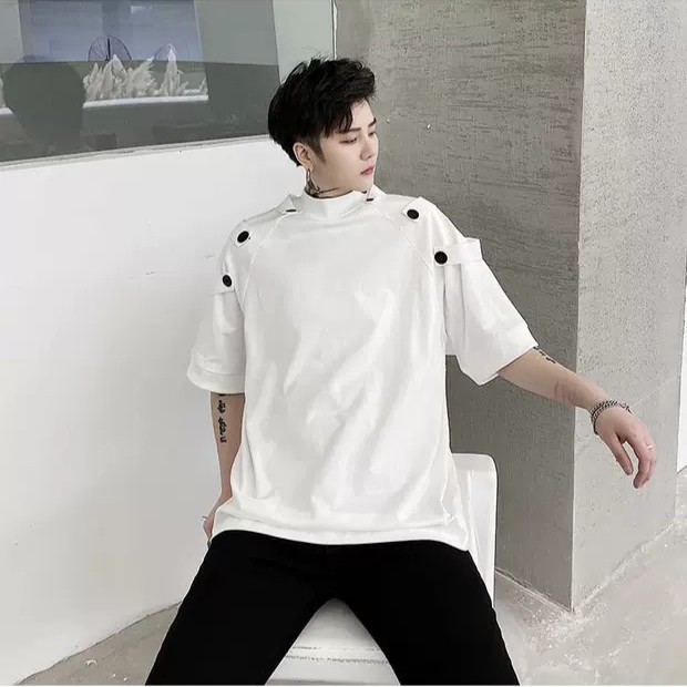 Áo thun unisex form rộng phối nút cực chất - Áo phông tay lỡ nam nữ cổ tròn phong cách ulzzang Hàn