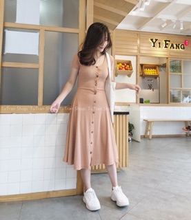 Váy cộc tay cotton tăm cúc dọc