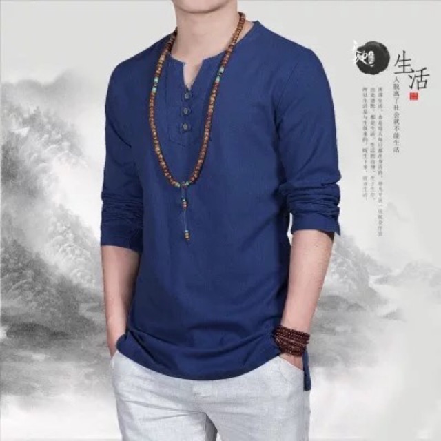 Áo Đũi Nam Dài Tay Cổ Y Vải Đũi Cotton Mộc Thoáng Mát ADCY
