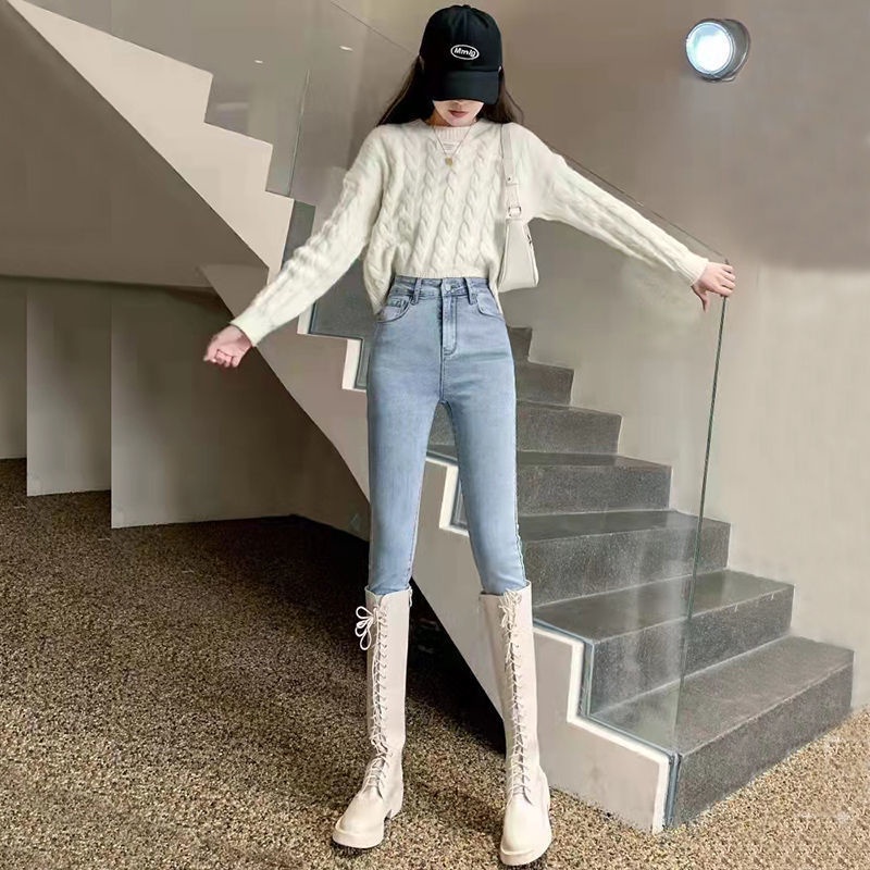 Jiashucheng Quần Jean Dài Lưng Cao Dáng Ôm Co Giãn Tốt Thời Trang Xuân Hè Cho Nữ