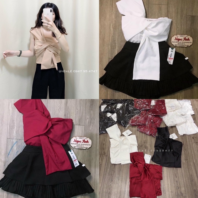 áo lệch vai nơ nhún lưng