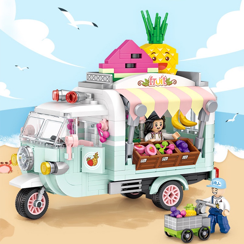 Bộ mô hình lắp ráp các mẫu xe ô tô đồ ăn Loz: Fruit Truck-Dessert Car-Pizza Truck-Coffee Truck