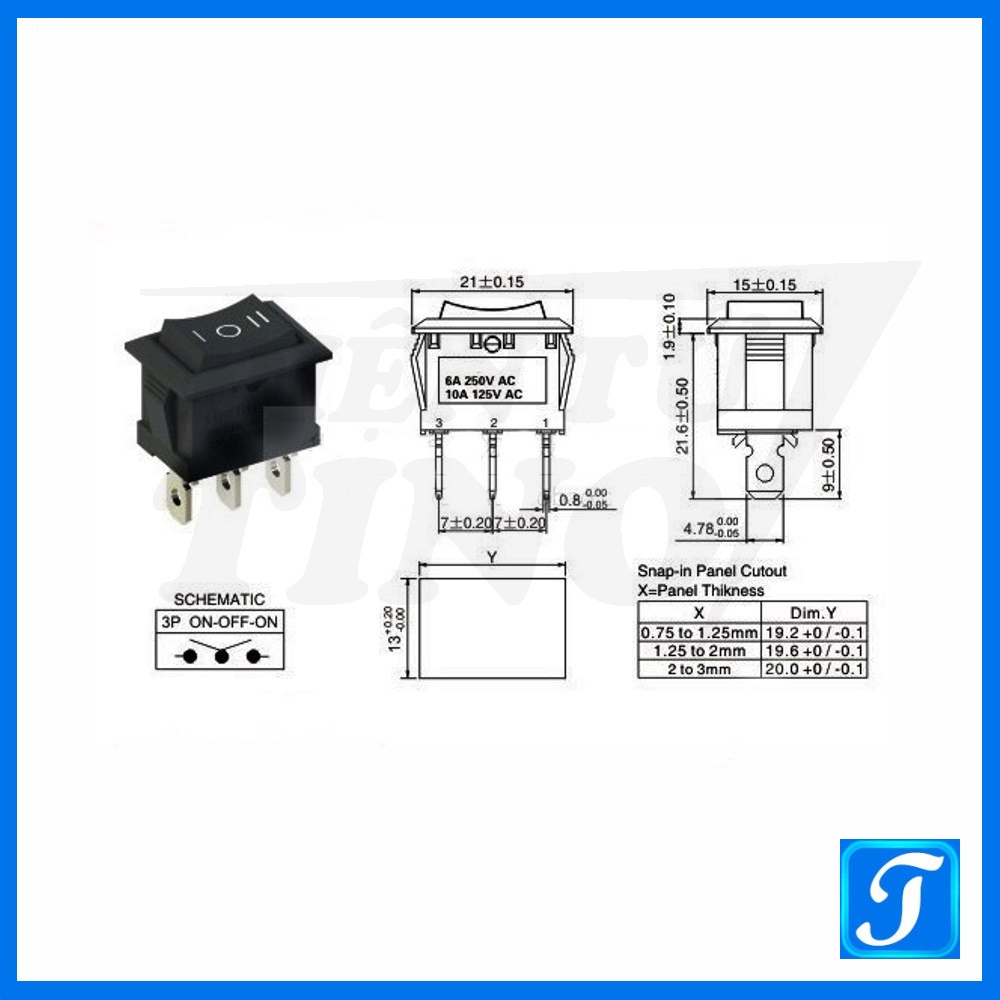 Công Tắc 3 Chân ON-OFF-ON Đen 6A 250V KCD1-103 15x21x21.6mm