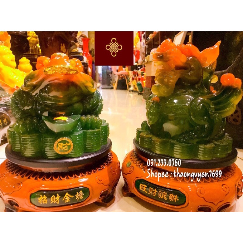 Cặp Tượng Cóc và Tì Hưu phong thuỷ màu xanh ngọc (cao 30, dài 20, rộng 20/ tượng)