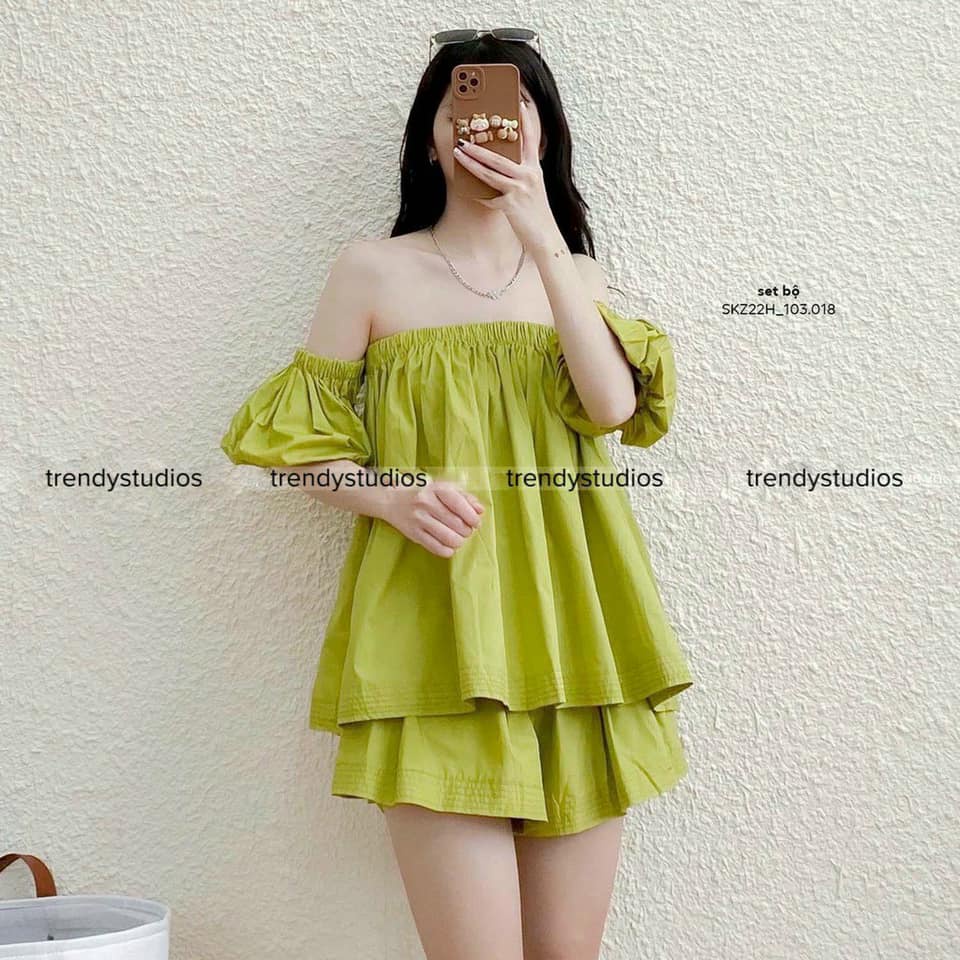 SQ016 Set áo trễ vai quần short ngắn nữ hè thu Bộ quần áo bở vai cổ chun quần cộc đùi trắng nâu xanh bơ cốm nữ tính hot