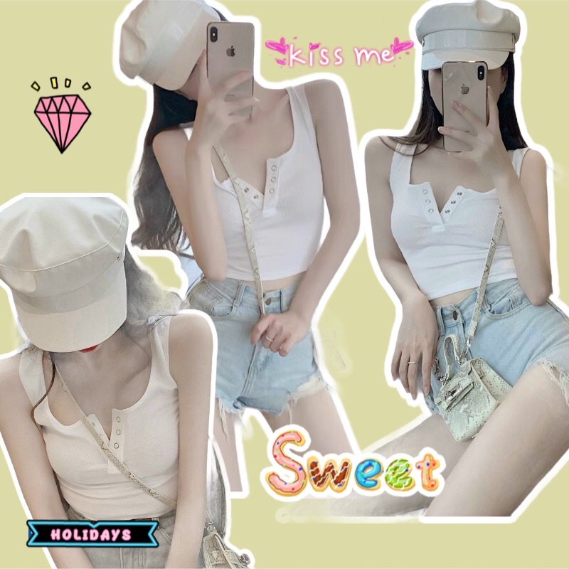 Áo Ba Lỗ Phối Nút Bấm Phong Cách Quyến Rũ