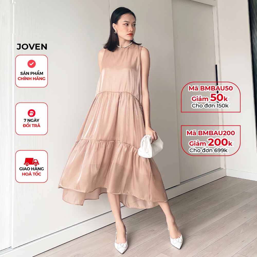 Đầm maxi suông dáng dài thiết kế tầng sang chảnh cao cấp lụa organza vàng/ cafe Joven