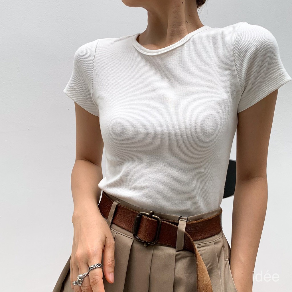 [Mã BMBAU50 giảm 7% đơn 99K] idée Áo thun nữ ôm cổ tròn tay ngắn vải thun cotton gân