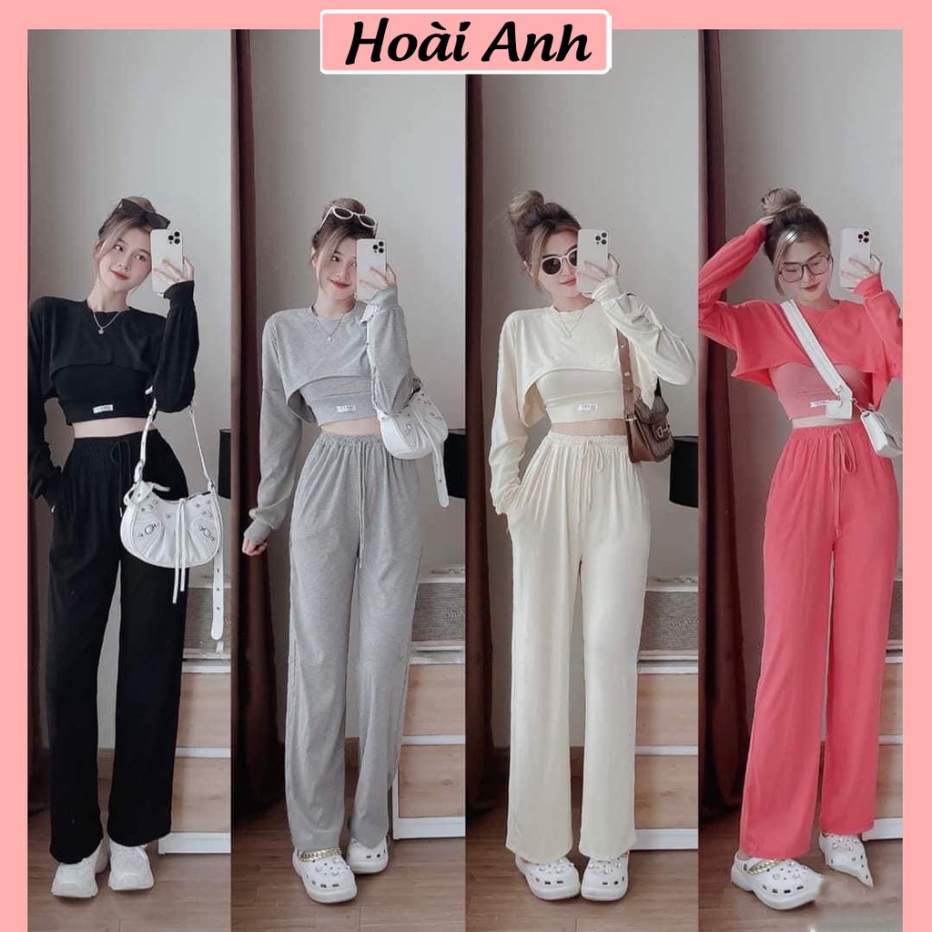 Set Bộ Đồ Nữ Set 3 Món Trơn Áo Croptop Tay Bồng Mix Quần Culottes Ống Suông Rộng Cạp Chun Freesize