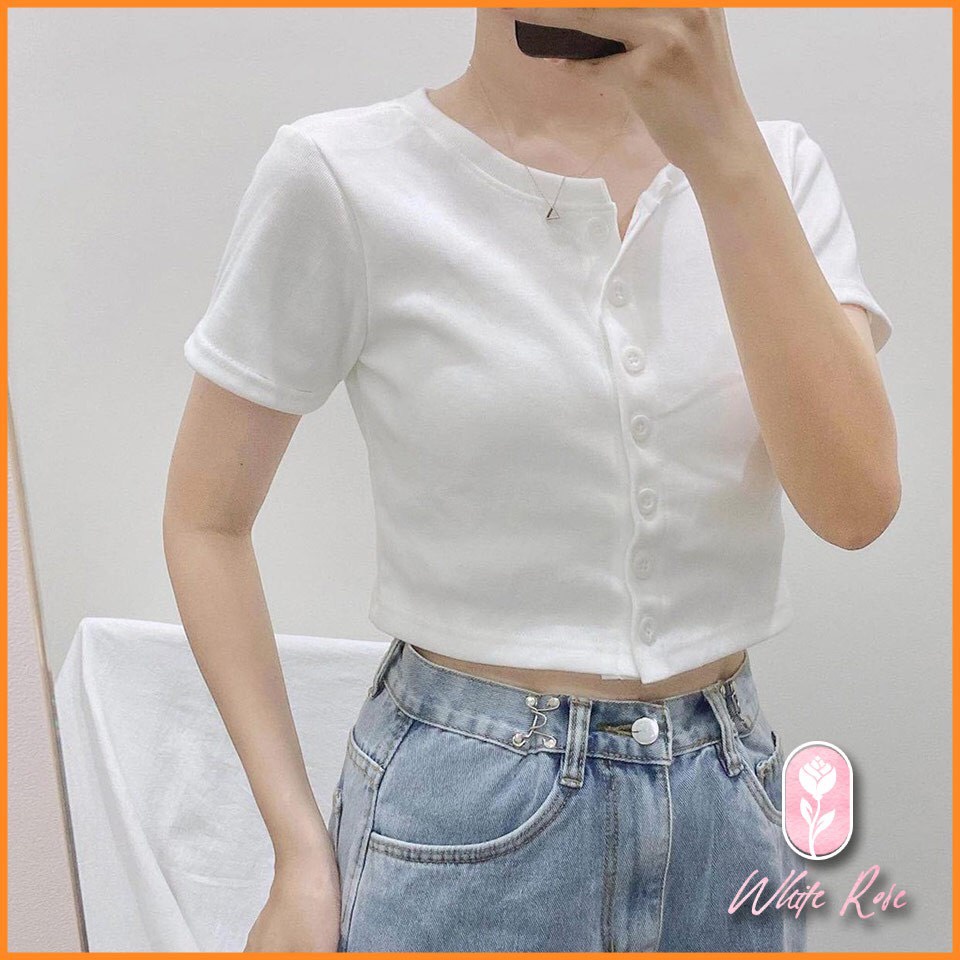Áo croptop kiểu tay ngắn cài cúc sexy , croptop nữ vải thun gân phong cách hàn quốc
