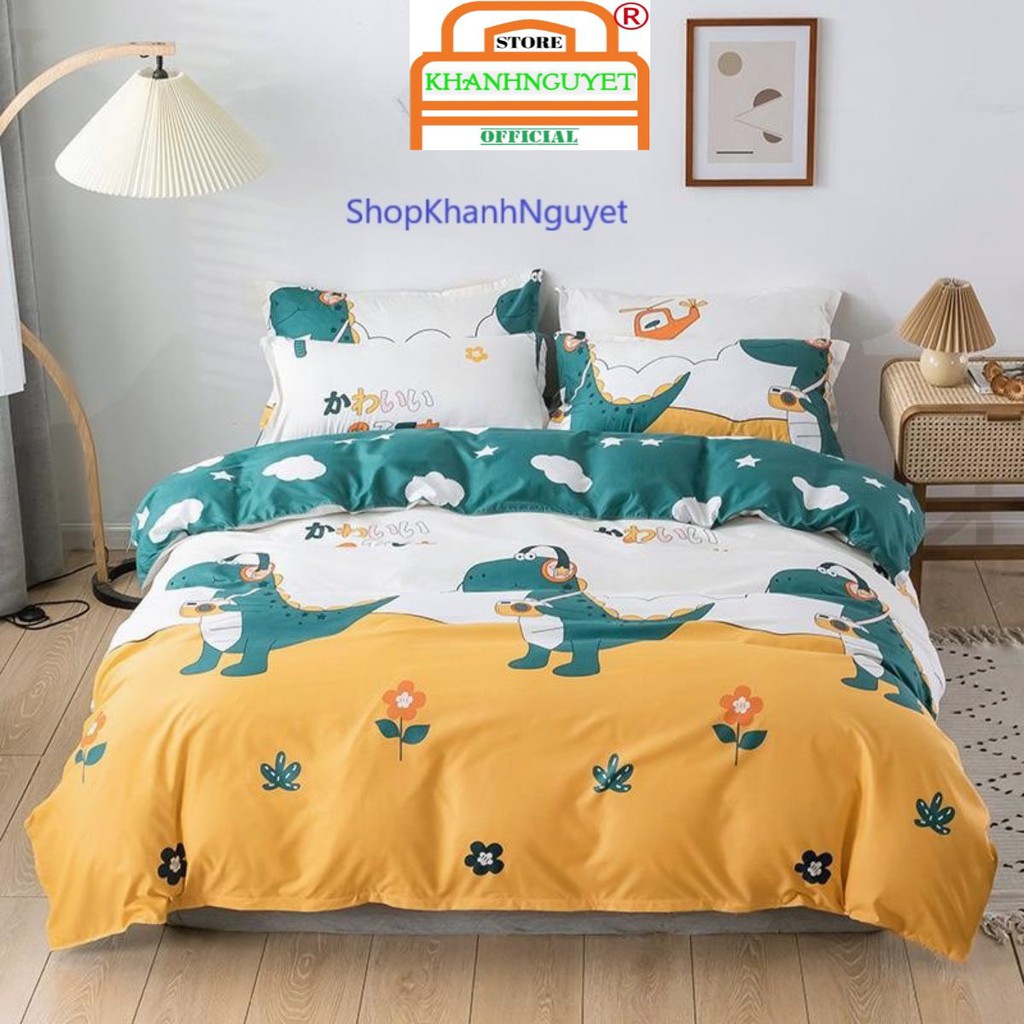 Bộ Chăn Ga Gối Cotton Poly Nhập Khẩu - Khủng Long Nghe Nhạc (SP001126)