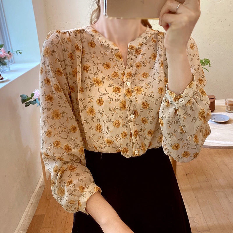 Áo sơ mi chiffon tay dài cổ chữ V họa tiết hoa thời trang mùa xuân ngọt ngào dành cho nữ