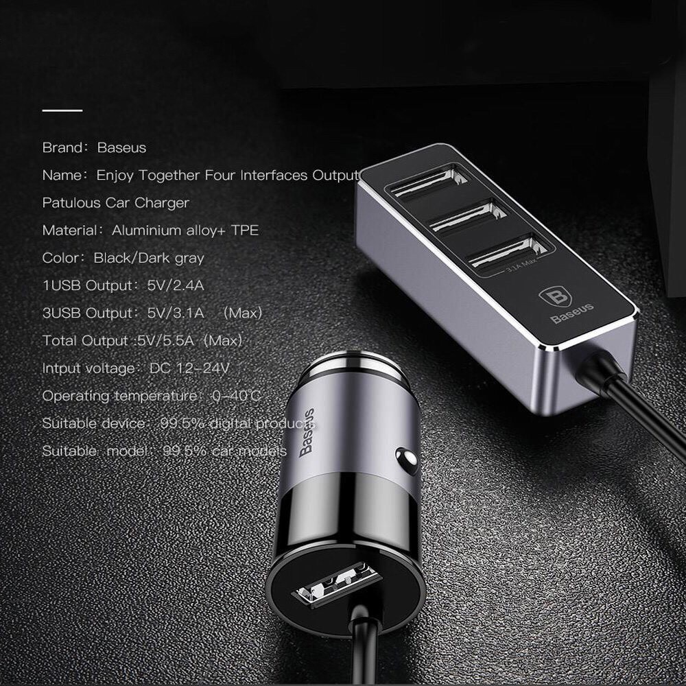 Tẩu sạc xe ôtô Baseus Enjoy Together Car Charger 4 cổng USB sạc nhanh 5V/5.5A Max cho điện thoại và máy tính bảng