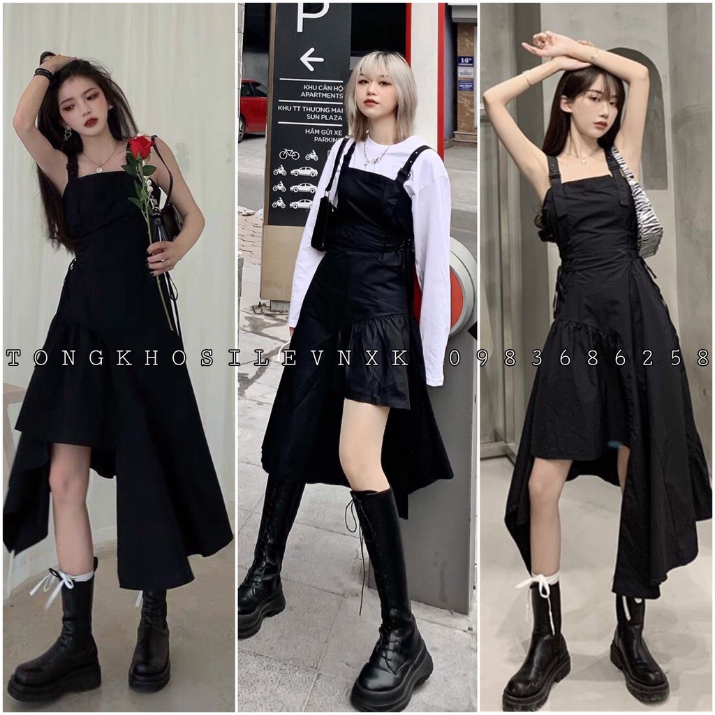 Đầm Xòe Dự Tiệc Đen Thiết Kế Lệch Tà Dây Belt Điều Chỉnh - Váy 2 Dây Thắt Eo Lệch Tầng Cá Tính Cool Ngầu
