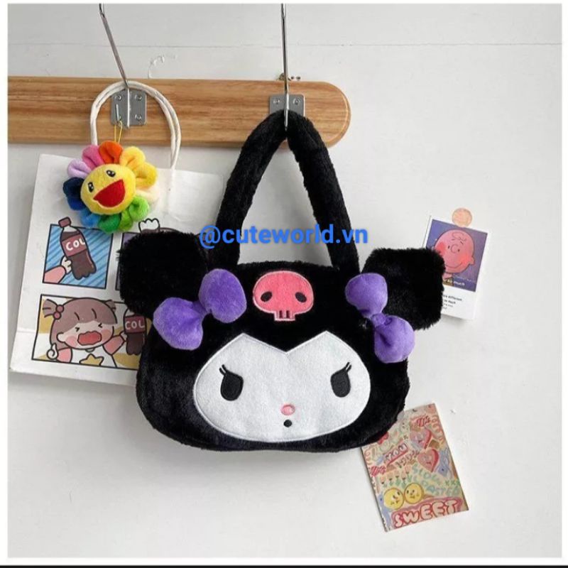 Túi xách Mèo Kuromi Nơ Tím Phối Lông