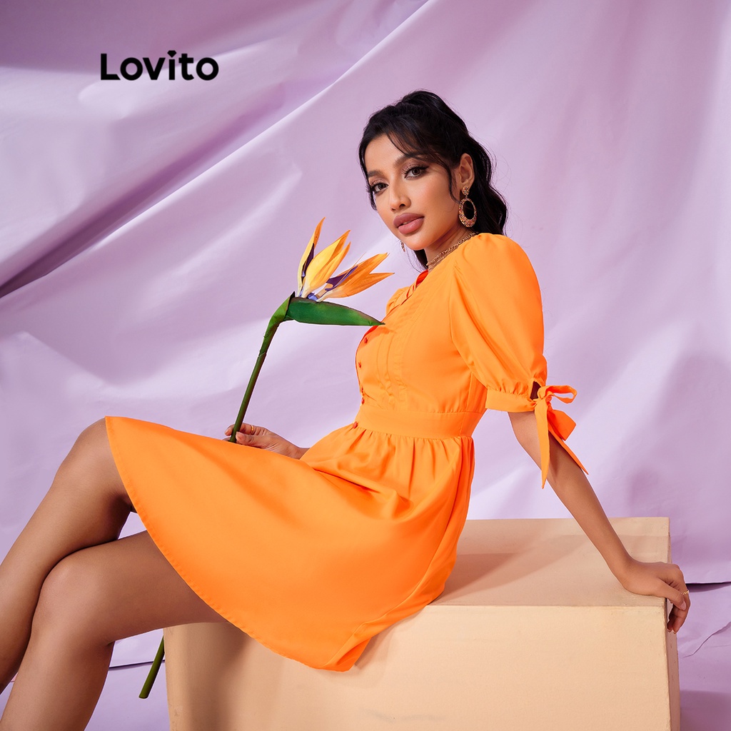 váy đầm (Lovito Exclusive) STIPPLING WORLD Kont cổ chữ V trơn Tao nhã L28LE048 (Cam cháy)