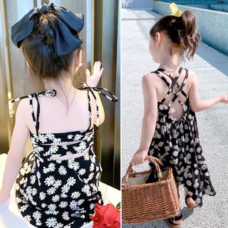 Đầm công chúa hai dây hở lưng in hoa cúc cho bé gái
