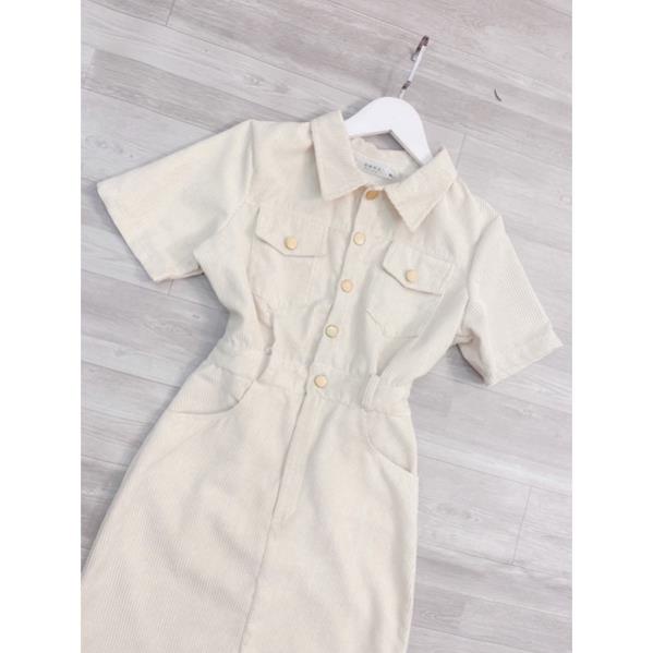 Váy nhung tăm 2 túi cúc đồng dáng dài cho nữ 3 màu