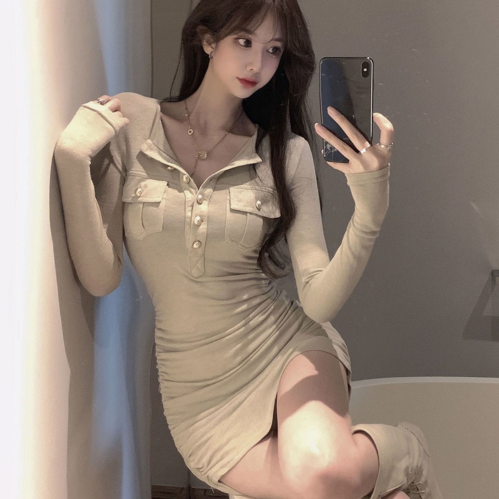Dress dress early autumn 2021 new pure buttocks skirt temperament tight waist show thin long-sleeved skirt