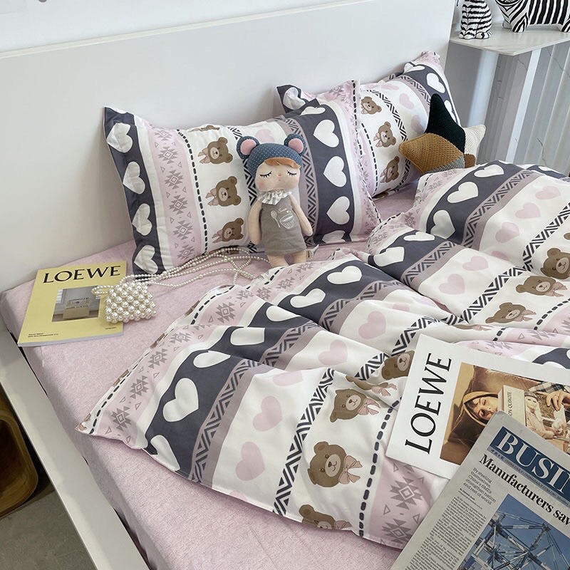 set chăn ga poly nhập khẩu chăn trần bông - mẫu tim kẻ hồng