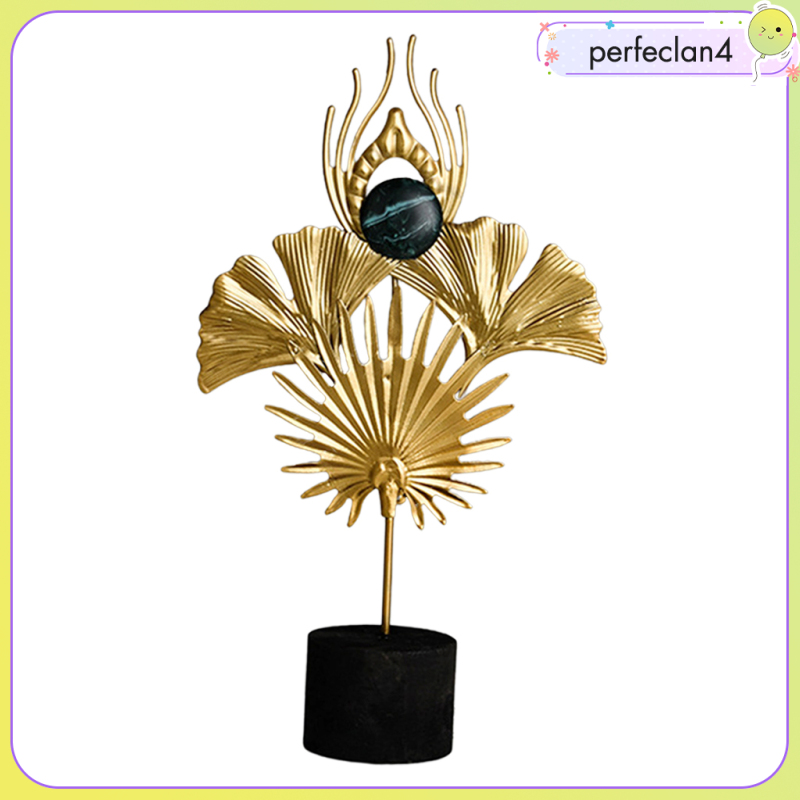 🍁perfeclaneArt Sculpture Wrought Iron Peacock Feather Statue Golden Ginkgo Leaf Figurines with Safe Wooden Base Living Room Bedroom Home Decor Ornaments