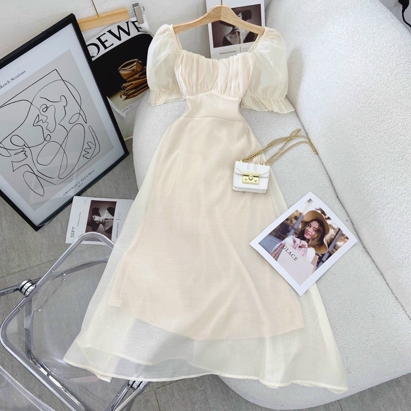 Đầm Midi Kem Xếp Ly Nhún Ngực Tay Bồng Thắt Nơ Lưng