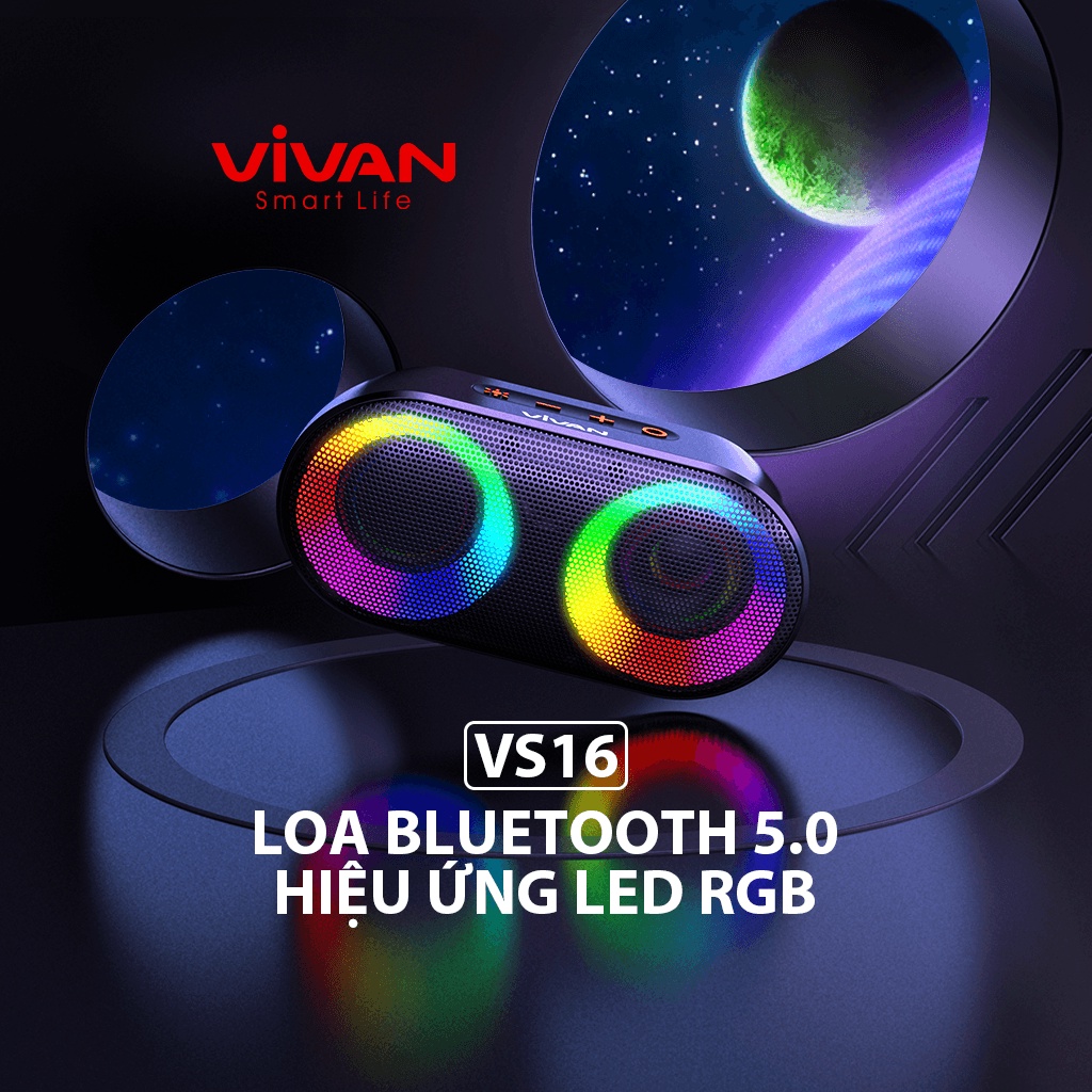 Loa Bluetooth ViVan VS16 10W Chống Nước Hiệu Quả Hiệu Ứng Đèn Led RGB Hỗ Trợ Thẻ Nhớ SD Và Cổng AUX Bảo Hành Chính Hãng