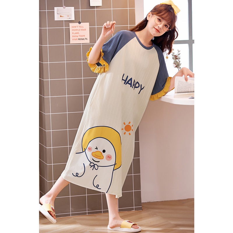 Đầm Ngủ cotton Mỏng Dáng Rộng In Họa Tiết Hoạt Hình Chú Vịt Dễ Thương Thời Trang Mùa Hè Cho Nữ