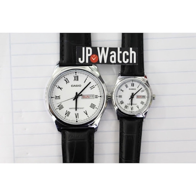 Đồng hồ đôi chính hãng CASIO V006L dây da đen mặt số la mã