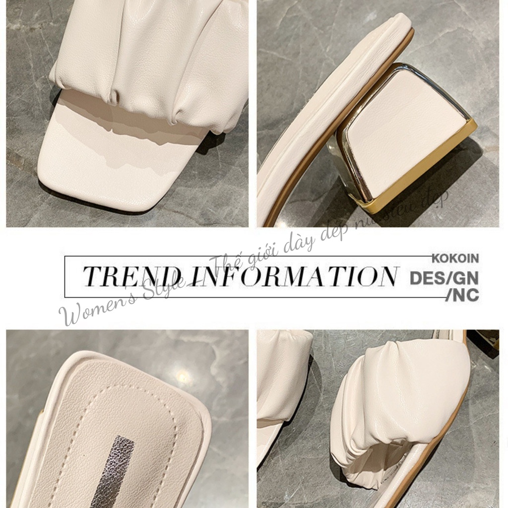 Giày cao gót nữ 5P đế vuông siêu hot quai nhún bèo 3 màu trắng, đen, kem thời trang, Guốc cao gót giá rẻ