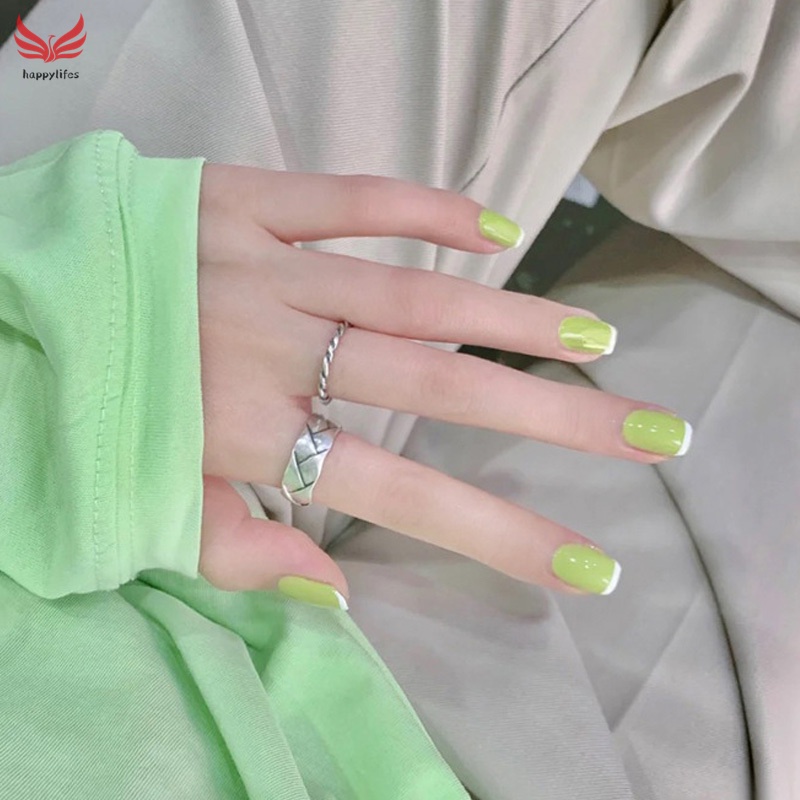 Set 24 Móng Tay Giả Màu Trắng/Xanh Lá Thời Trang Cho Nữ