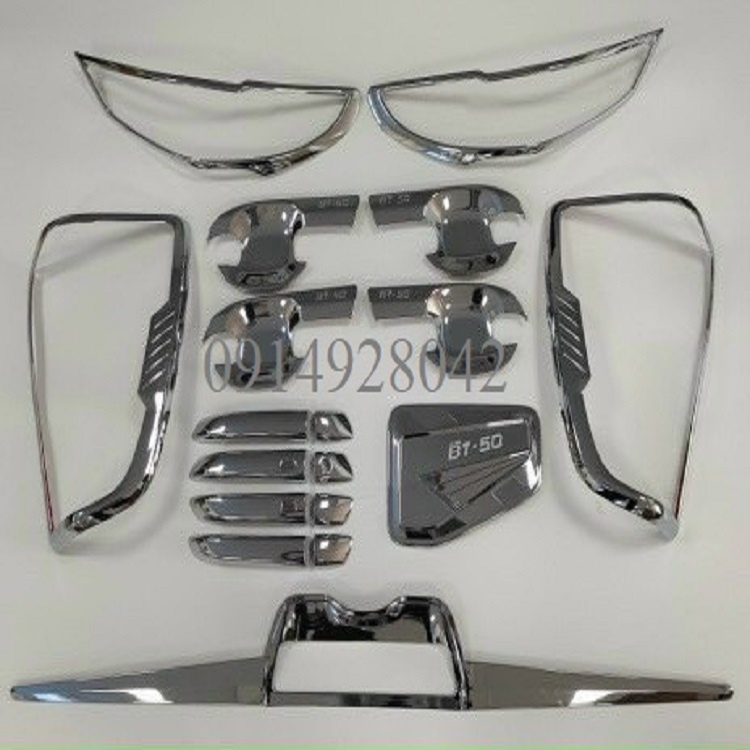 Combo Mạ crom Bộ ốp đèn Pha + hậu + tay nắm + hõm cửa + nắp xăng xe Mazda BT50 đời xe 2021,2022,2023