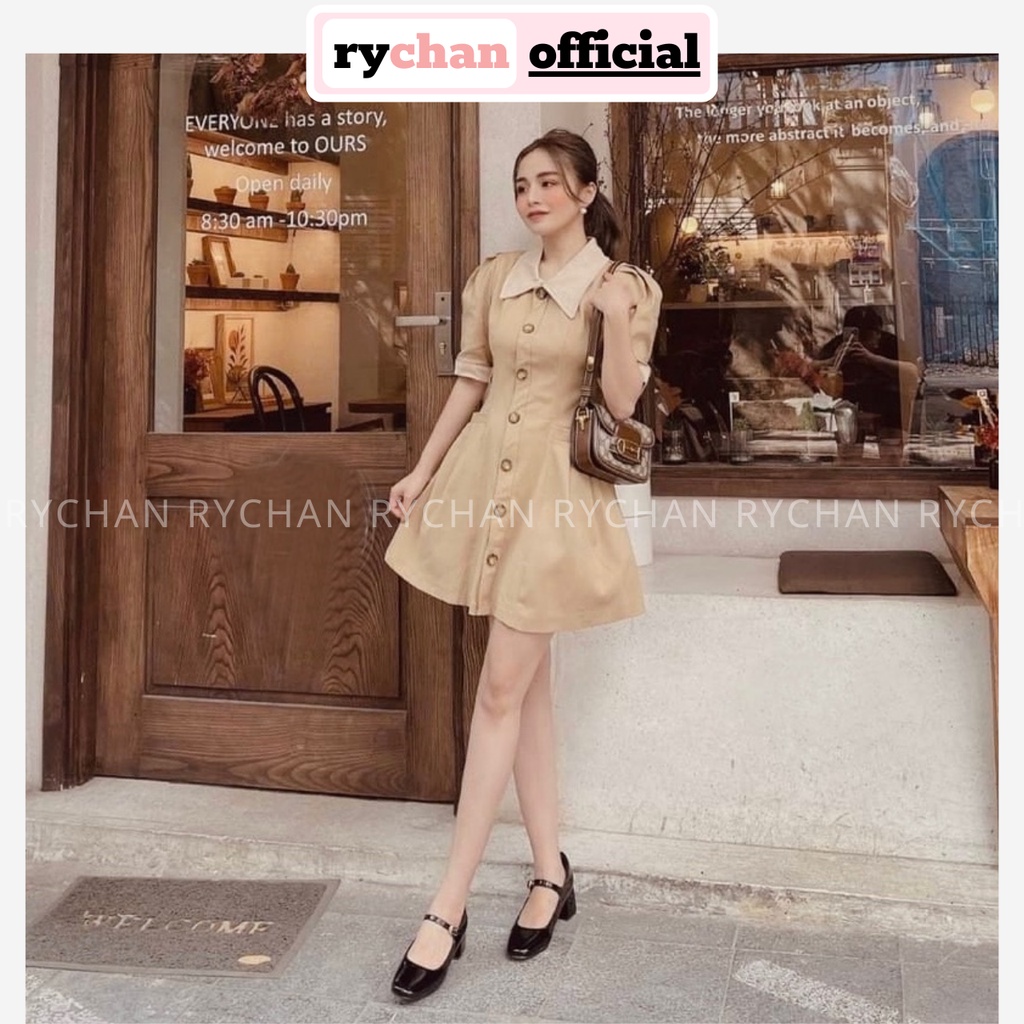 Đầm Thiết Kế Nữ Dáng Xòe Phối Cổ Sơ Mi Trắng Nút Trước Tay Phồng Bo Eo Cực Sang Trọng Màu NâuKem[ẢNH THẬT CUỐI] - DX9882