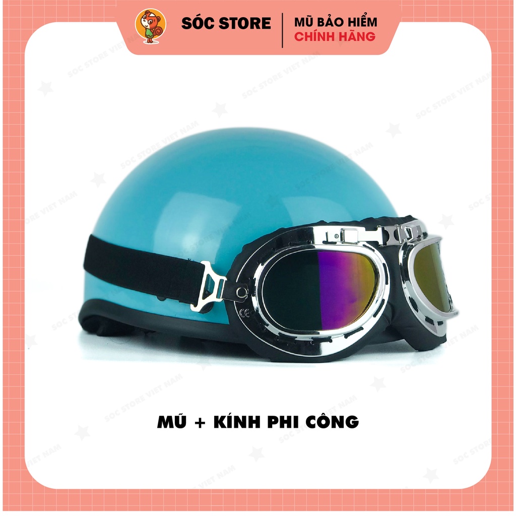 Mũ bảo hiểm nửa đầu chính hãng Sóc Store Vietnam màu xanh thiên thanh kèm kính UV, kính phi công, nón bảo hiểm 1 phần 2
