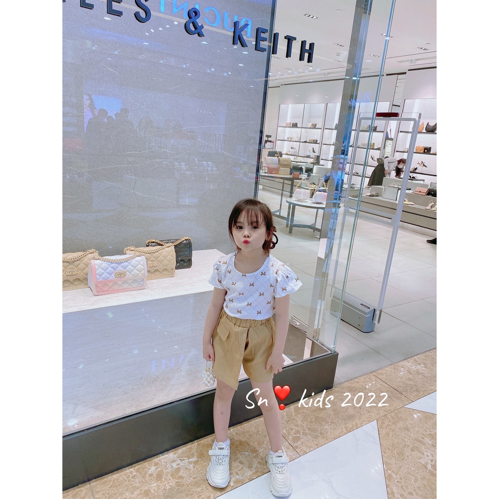 Bộ cộc tay bé gái, Bộ mùa hè đi chơi chất đũi nơ lưng kèm quần thô giả váy