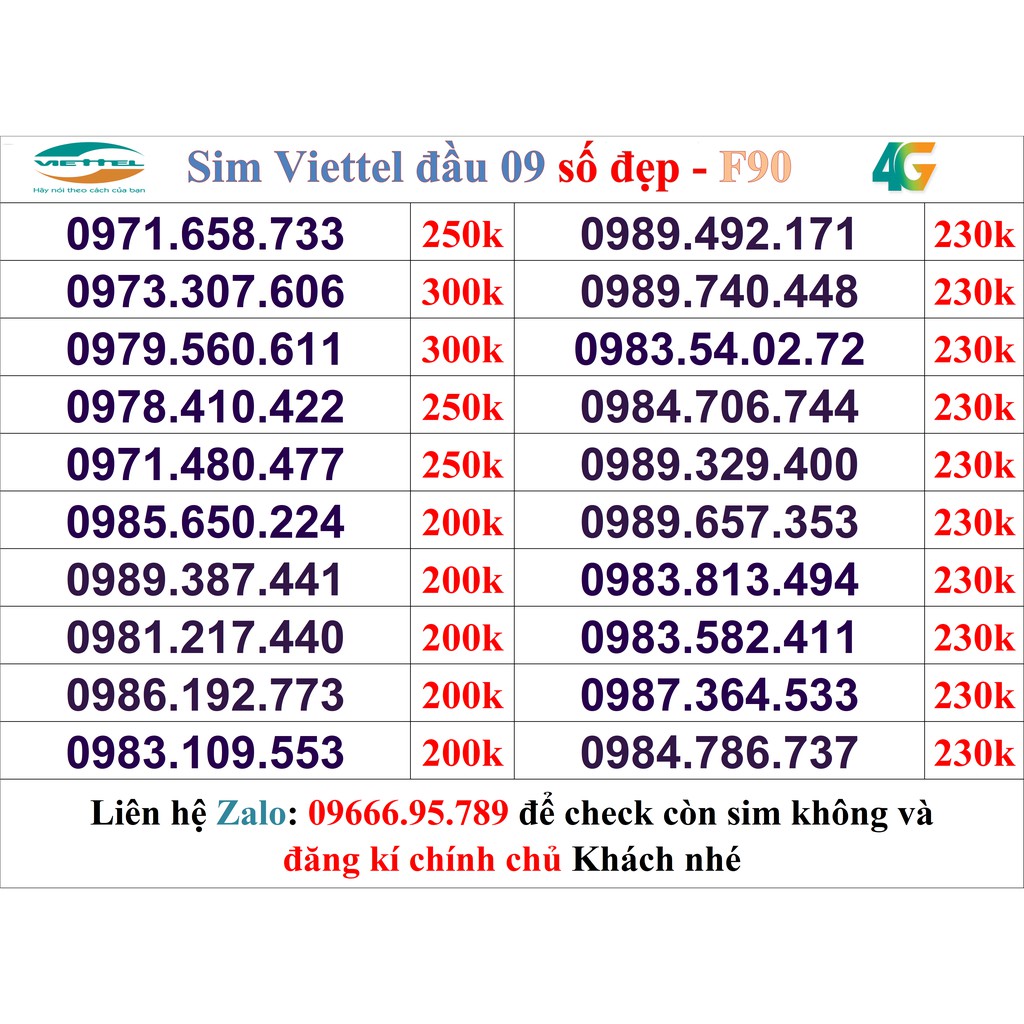 Sim Viettel đầu 09 số đẹp giá rẻ