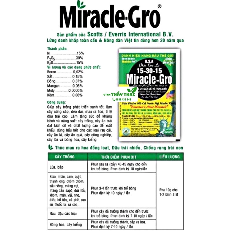 Miracle Gro 15-30-15+TE, 500g, Phân bón lá kích ra hoa lan, hoa hồng, đậu trái cao
