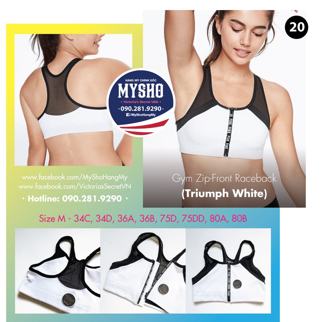 Áo lót thể thao (20) Gym Zip-Front Triumph White, màu trắng, gài trước, không mút - size M