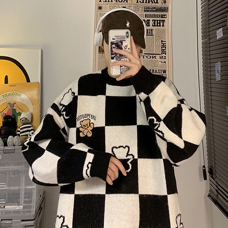 Áo Sweater Dáng Rộng Thêu Hình Gấu Bàn Cờ Vua Kiểu Vintage Thời Trang Mùa Đông Cho Các Cặp Đôi