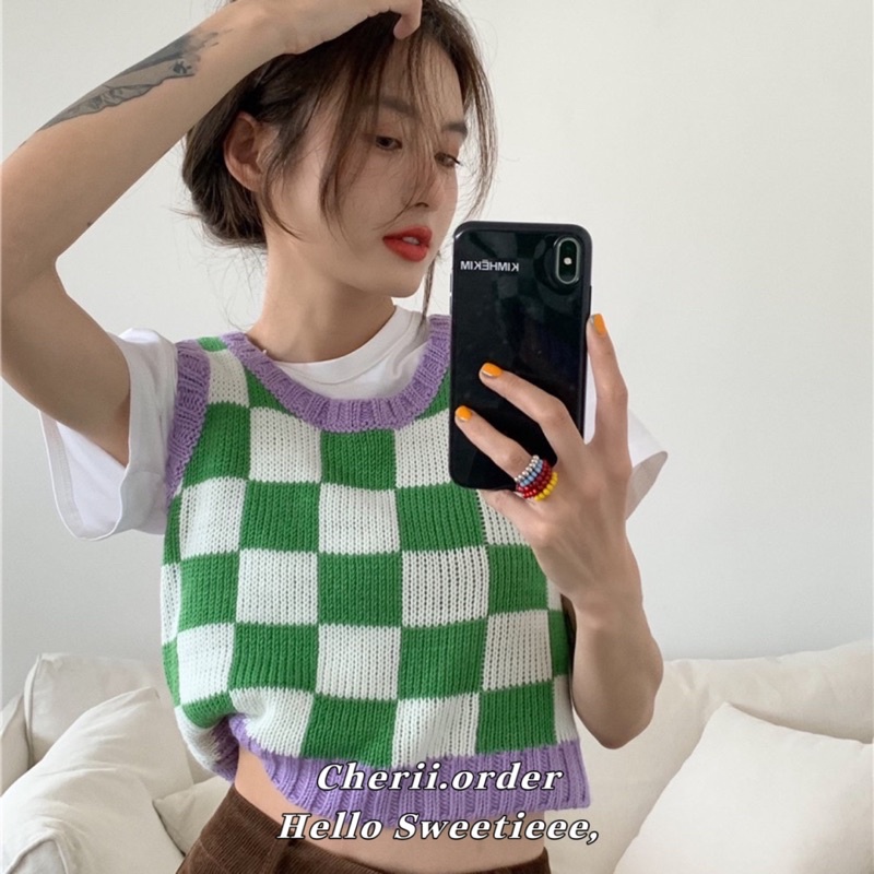 (Có sẵn) Áo Gile Croptop Kẻ Caro Phong Cách Năng Động