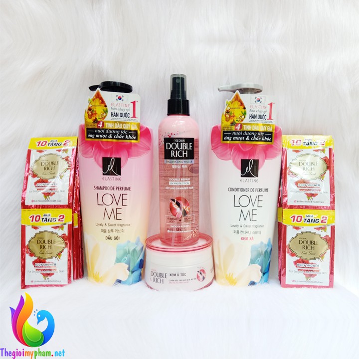 Combo Gội - Xả Elastine Love Me 600ml + Xịt Dưỡng Tóc 250ml + Kem Ủ Tóc Hư tổn 150g - Tặng 2 dây sữa tắm