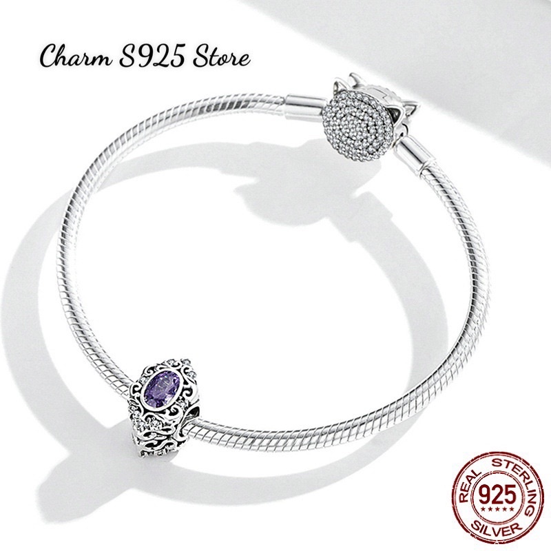 CHARM HOẠ TIẾT HÌNH THOI ĐÍNH ĐÁ TÍM BẠC S925 CAO CẤP HÀNG CHÍNH HÃNG