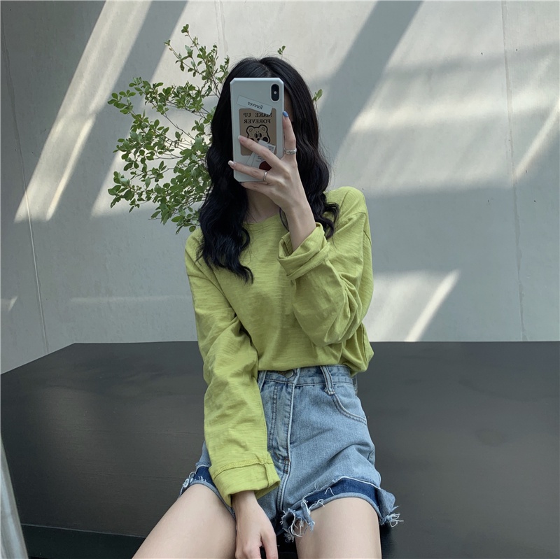 Áo Thun Cotton Tay Dài Dáng Rộng Màu Sắc Đơn Giản 53970