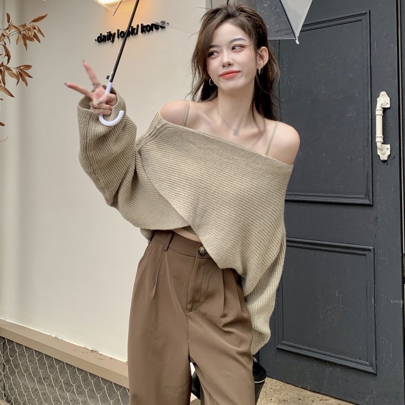 Áo Croptop Dệt Kim Dáng Rộng Phong Cách Hàn Quốc Cho Nữ