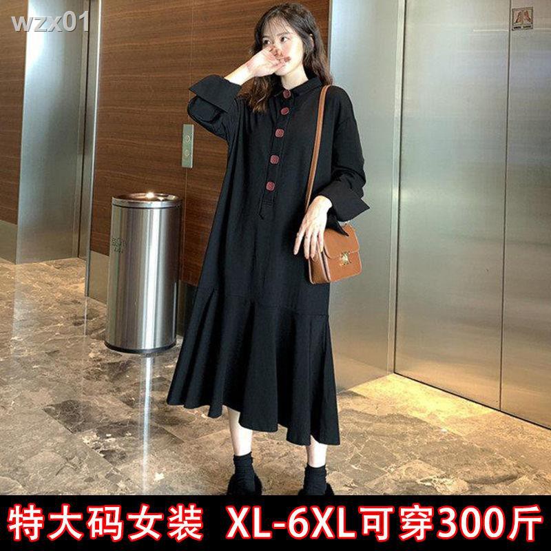 Các yếu tố mùa xuân mới của phụ nữ Plus size Đầm đen kiểu dáng nhỏ Hồng Kông, chị mập, dài tay ôm bụng