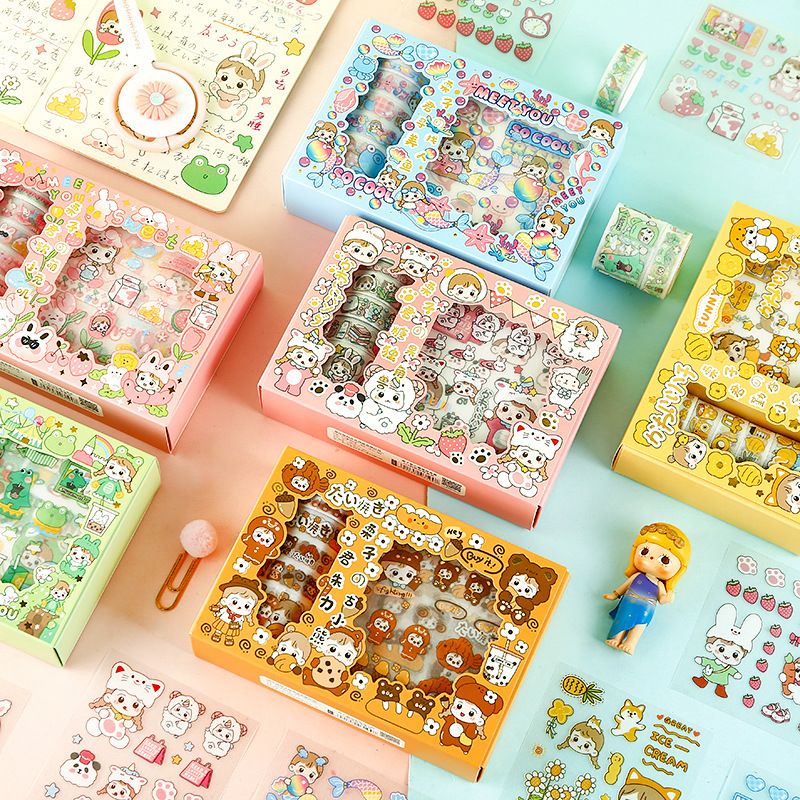 Set 6 cuộn washi tape kèm 6 tấm sticker